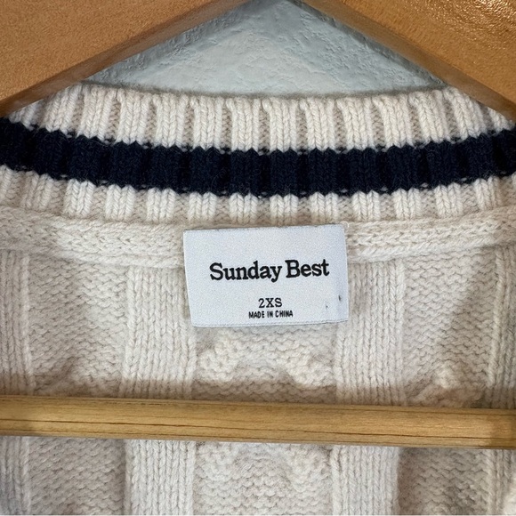 Sunday Best Winston Sweater Vest Size 2XS Ivory Blue Cable Knit Merino Wool - Picture 8 of 11